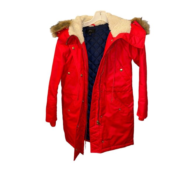 j. Crew HOLIDAY fall winter red faux fur hood anorak jacket XXS - Picture 1 of 4